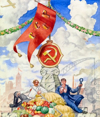 ""Arbejder og landmand forenet under det kommunistiske flag"" Propagandaplakat af Boris Michaylovich Kustodiev (1878-1927) 1923 Dim 27x23 cm Privat samling af Boris Mikhailovich Kustodiev