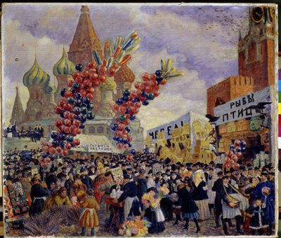 En messe på den røde plads i Kreml i Moskva (Vis stande). Mængden trænger sig vej mellem markedets forskellige kommercielle platforme dekoreret med gigantiske klynger af balloner. Vi kan se Saint Basil
