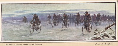 tyske cyklister, der ankommer til Finland; fra Histoire des Soviets, pub. 1922 (farve litho) af Boris Vasilievich Zvorykin
