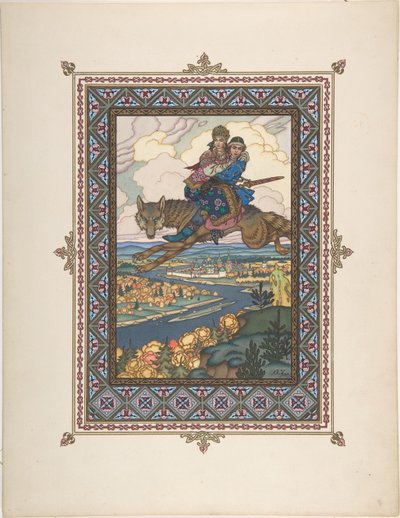 Illustration til eventyret om Ivan Tsarevich, Ildfuglen og den grå ulv, ca. 1925 af Boris Vasilievich Zvorykin