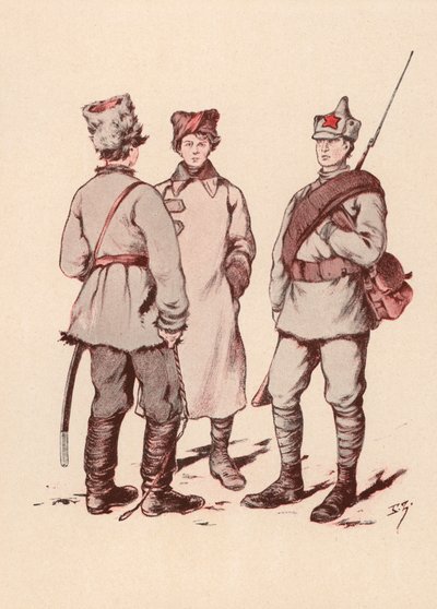 Soldater fra den sovjetiske Røde Hær (farve litho) af Boris Vasilievich Zvorykin