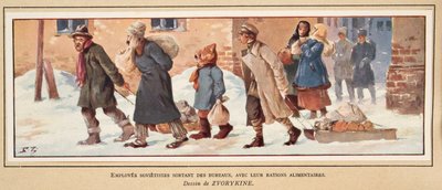 Sovjetiske arbejdere, der forlader kontoret med deres madrationer, fra Histoire des Soviets, pub. 1922 (farve litho) af Boris Vasilievich Zvorykin