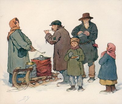 Kvinde sælger varm suppe på gaden i Sovjetrusland (farve litho) af Boris Vasilievich Zvorykin