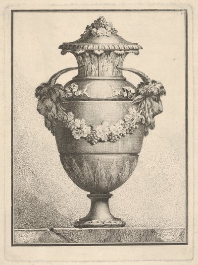 Design til en overdækket vase med to gedehoveder og en guirlande, 1764. af Bossi