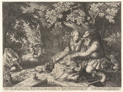 Døden og Amor skyder hinandens pile, og gammel mand retter ung kvinde af Boëtius Adamsz. Bolswert