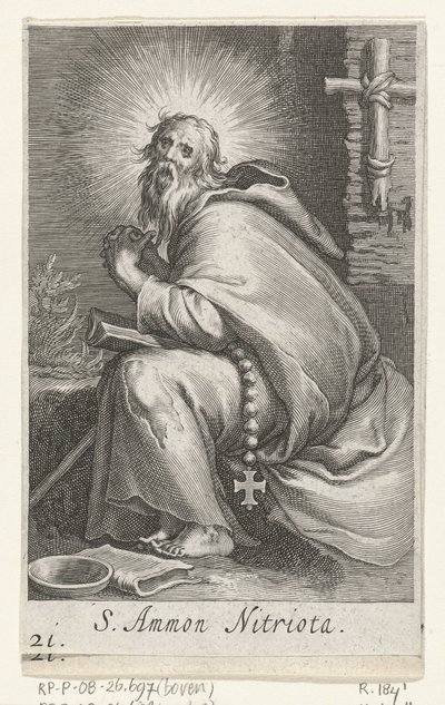 Sankt Ammonius den Store som eneboer S. Ammon Nitriota (titel på objekt) Eremitter (serietitel) Sacra eremvs ascetarvm (serietitel) af Boëtius Adamsz. Bolswert