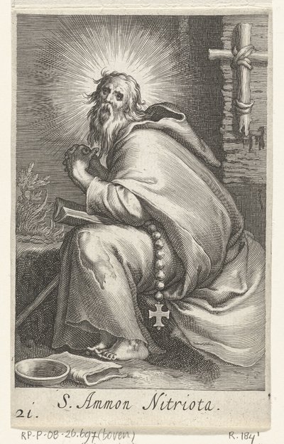 Sankt Ammonius den Store som eneboer S. Ammon Nitriota (titel på objekt) Eremitter (serietitel) Sacra eremvs ascetarvm (serietitel) af Boëtius Adamsz. Bolswert