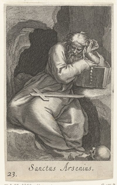 Sankt Arsenius den Store som eneboer Sanctus Arsenius (titel på objekt) Eremitter (serietitel) Sacra eremvs ascetarvm (serietitel) af Boëtius Adamsz. Bolswert