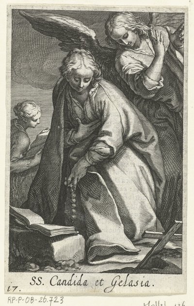 Saint Candida og Saint Gelasia som eneboere med engel SS. Candida et Gelasia (titel på objekt) Eremitinder (serietitel) Sacra Eremus Ascetriarum (serietitel) af Boëtius Adamsz. Bolswert