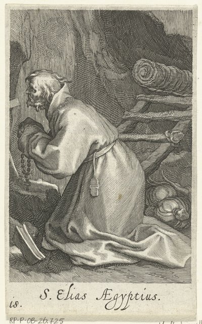 Sankt Elias af Cæsarea som eneboer S. Elias Aegyptius (titel på objekt) Eremitter (serietitel) Sacra eremvs ascetarvm (serietitel) af Boëtius Adamsz. Bolswert