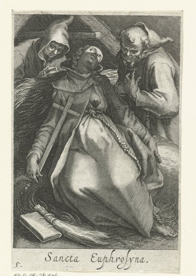 Sankt Euphrosina af Alexandria som eremitinde Sancta Euphrosyna (titel på objekt) Eremitinder (serietitel) Sacra Eremus Ascetriarum (serietitel) af Boëtius Adamsz. Bolswert