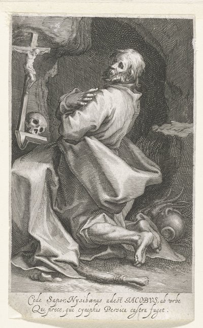 Heilige Jacobus van Nisibis als kluizenaar Cede sapor Nysibaenus (...) Persica flygter fra lejren (titel på objektet) Kluizenaars (serietitel) Ved det hellige spejl (...) giver fædrene vinger (serietitel) af Boëtius Adamsz. Bolswert