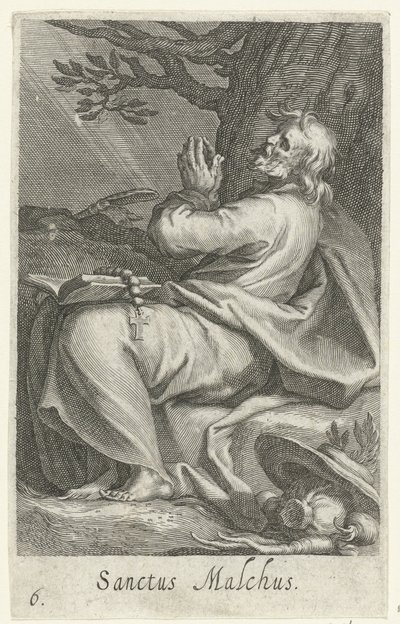 Sankt Malchus af Chalcis som eneboer Sanctus Malchus (titel på objekt) Eremitter (serietitel) Sacra eremvs ascetarvm (serietitel) af Boëtius Adamsz. Bolswert