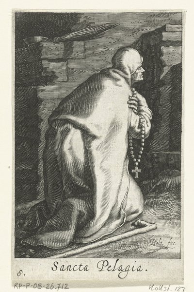 Sankt Pelagia af Antiokia som eremitinde Sancta Pelagia (titel på objekt) Eremitinder (serietitel) Sacra Eremus Ascetriarum (serietitel) af Boëtius Adamsz. Bolswert