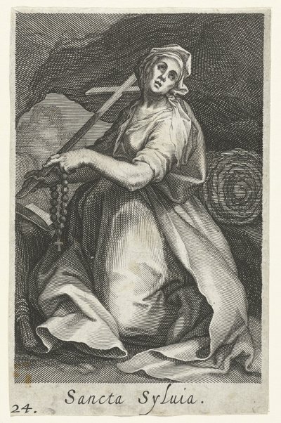 Sankt Silvia af Rom som eremitinde Sancta Syluia (titel på objekt) Eremitinder (serietitel) Sacra Eremus Ascetriarum (serietitel) af Boëtius Adamsz. Bolswert
