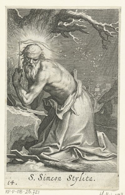 Sankt Simeon stiliter den ældre som eneboer S. Simeon Stylita (titel på objekt) Eremitter (serietitel) Sacra eremvs ascetarvm (serietitel) af Boëtius Adamsz. Bolswert