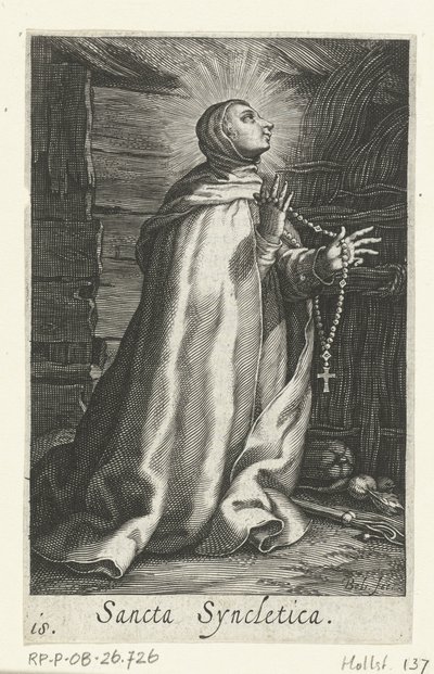 Sankt Syncletica af Alexandria som eremitinde Sancta Syncletica (titel på objekt) Eremitinder (serietitel) Sacra Eremus Ascetriarum (serietitel) af Boëtius Adamsz. Bolswert