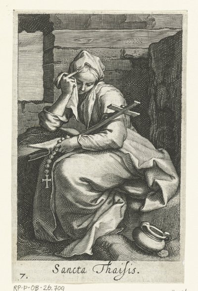 Saint Thaïs af Alexandria som eremitinde Sancta Thaisis (titel på objekt) Eremitinder (serietitel) Sacra Eremus Ascetriarum (serietitel) af Boëtius Adamsz. Bolswert