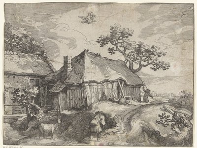 Landskab med gård og røveri af Ganymedes Countryside Faces (serietitel) af Boëtius Adamsz. Bolswert