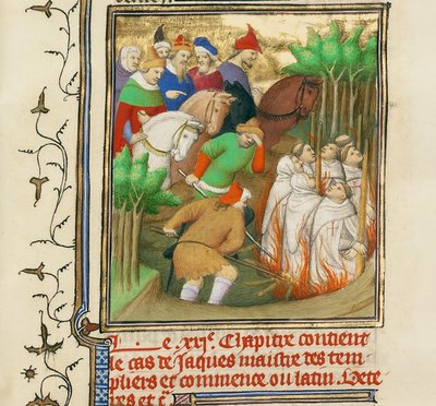 Tempelridderne brændte i nærværelse af Filip den fagre og hans hofmænd, ca 1413-1415 af Boucicaut Master,