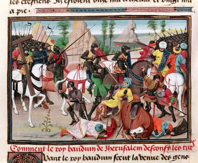 Ms 5089-90 Slaget mellem kong Baldwin I (ca. 1058-1118) og tyrkerne, fra Chroniques des empereurs af David Aubert, 1462 af Brabant School