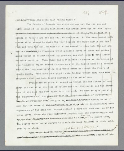 Side 539, Kapitel 27, Den slettede passage, der beskriver ødelæggelsen af Draculas slot, fra Bram Stokers originale maskinskrevne manuskript af 