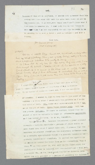 Side 93, Kapitel 5, Del af Dr. Sewards grammofondagbog, der beskriver hans patient, Renfield, fra Bram Stokers originale maskinskrevne manuskript af 