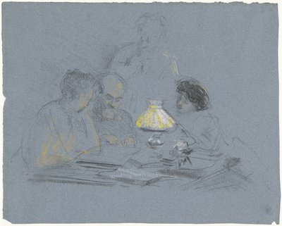 A. Grandmont og tre figurer, der læser ved lampelys af Bramine Hubrecht