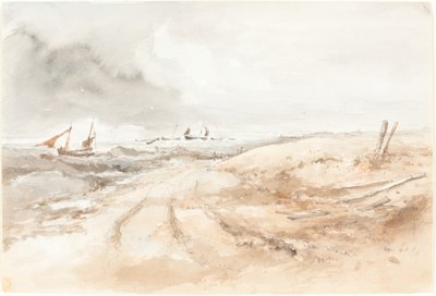 Kystscene med både i uroligt vand af British 19th Century