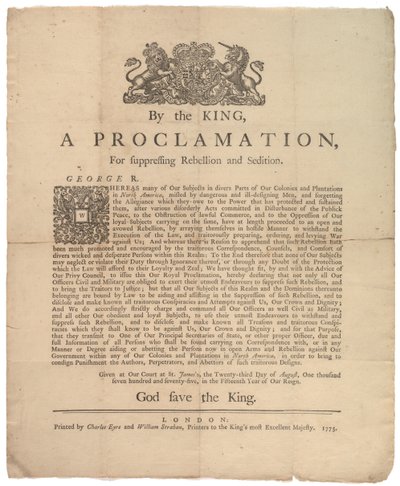 En proklamation til undertrykkelse af oprør..., 23. august 1775 af British School