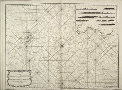 Et kort over indsejlingen til Kanalen med Cornwalls vestkyst og Scilly-øerne med alle pejlinger. af British School