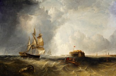 Et sejlskib og en robåd ud for Calais af British School