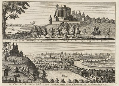 "A view of the Observatory in Greenwich Park...[and] A view of Deptford and London taken from Flamsteed Hill in Greenwich Park", ca. 1750 (kobberstik) af British School