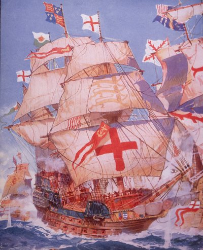 Ark Royal kæmper mod den spanske armada i 1588 (farve litho) af British School