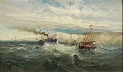 Breaking Waves at the White Cliffs of Dover (olie på lærred) af British School