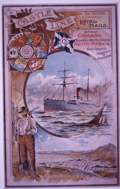 Castle Line-hæfte med liste over passagerer på Tantallon Castle, der sejler fra Cape Town til London i 1898 (farve litho) af British School