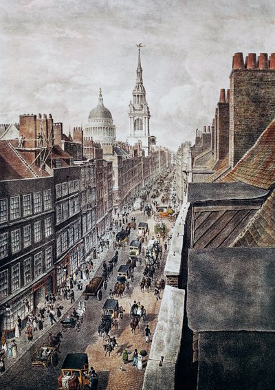 Cheapside Street i London, gravering, England, Storbritannien af British School
