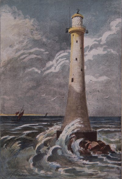 Eddystone Lighthouse, ud for Plymouth, slutningen af det 19. århundrede (farve litho) af British School