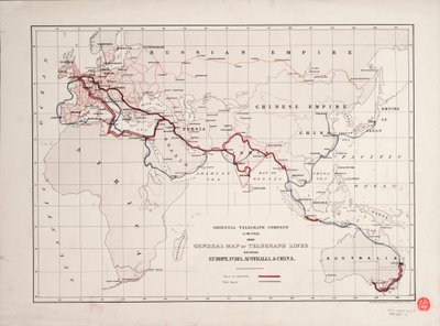 Oversigtskort over telegraflinjer mellem Europa, Indien, Australien og Kina af British School
