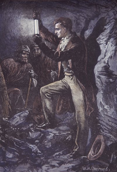 Humphry Davy med Davy sikkerhedslampe til minearbejdere, opfundet i 1815 (håndfarvet trægravering) af British School