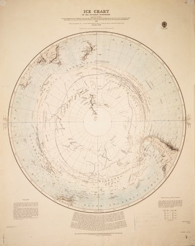 Iskort over den sydlige halvkugle udarbejdet på baggrund af Cook 1772-5, Bellingshausen 1819-21... og Shackleton 1908-9. af British School