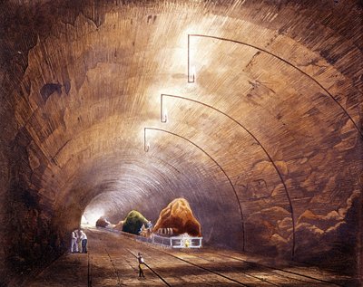 Industriel revolution: jernbanetunnel på linjen Manchester - Liverpool. Plade taget fra "" Liverpool and Manchester Railway"", London 1832. af British School