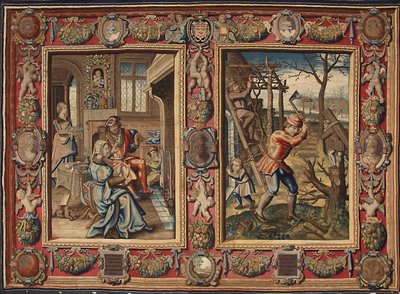 Januar og februar: "Et par ved bålet og en skovhugger"" Tapet af Mortlake-fabrikanterne. 1600-tallets gener, Musei di Strada Nuova af British School