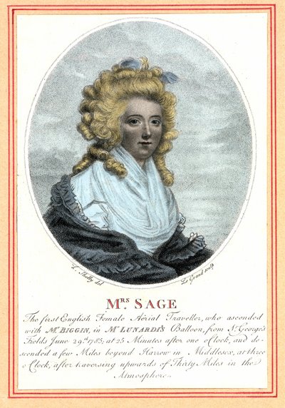 Laetitia Sage, første engelsk kvinde aeronaut, slutningen af det 18. århundrede. af British School