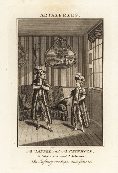Fru Margaret Farrel og Charles Frederick Reinhold i persisk dragt som Artaxerxes og Artabanes i Thomas Arnes opera Artaxerxes af British School