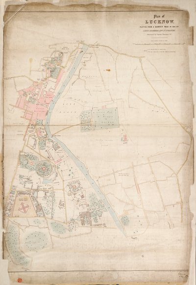 Plan over Lucknow, tegnet ud fra en opmåling foretaget i 1856 af Lieut. Moorsom, 52nd. Løjtnant i infanteriet. (Præsenteret af kaptajn Moorsom, C.E.), ca. 1856 (silke, papir) af British School