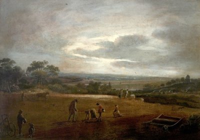 Pløjning og dibbling af bønner (olie på lærred) af British School