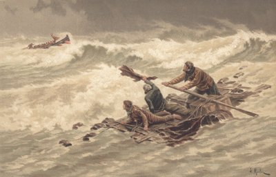 Sømænd klamrer sig til vragdele til søs (farve litho) af British School