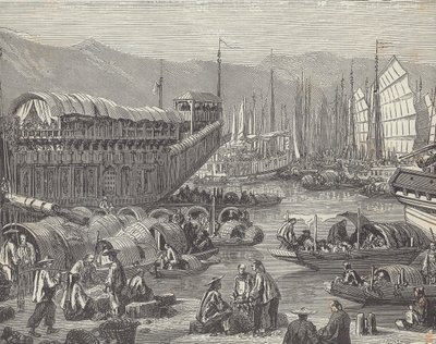 Fartøjer i travl havn, Shanghai, Kina (gravering) af British School