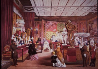 Besøgende strømmer til den store udstilling i 1851 for at se kunst- og videnskabsudstillinger af British School